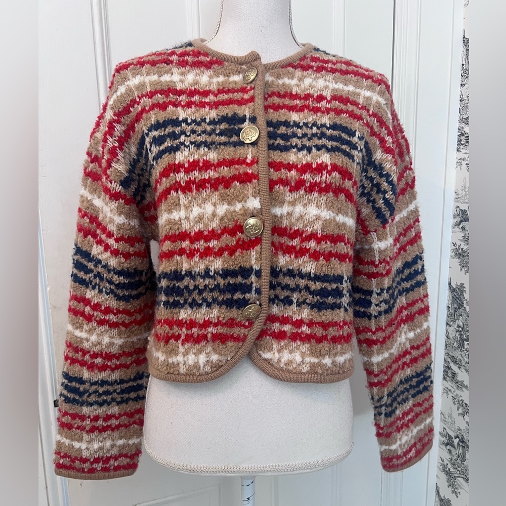 J. Crew NWT Vintage Striped Knit  Cardigan in Red, Navy & Tan Medium